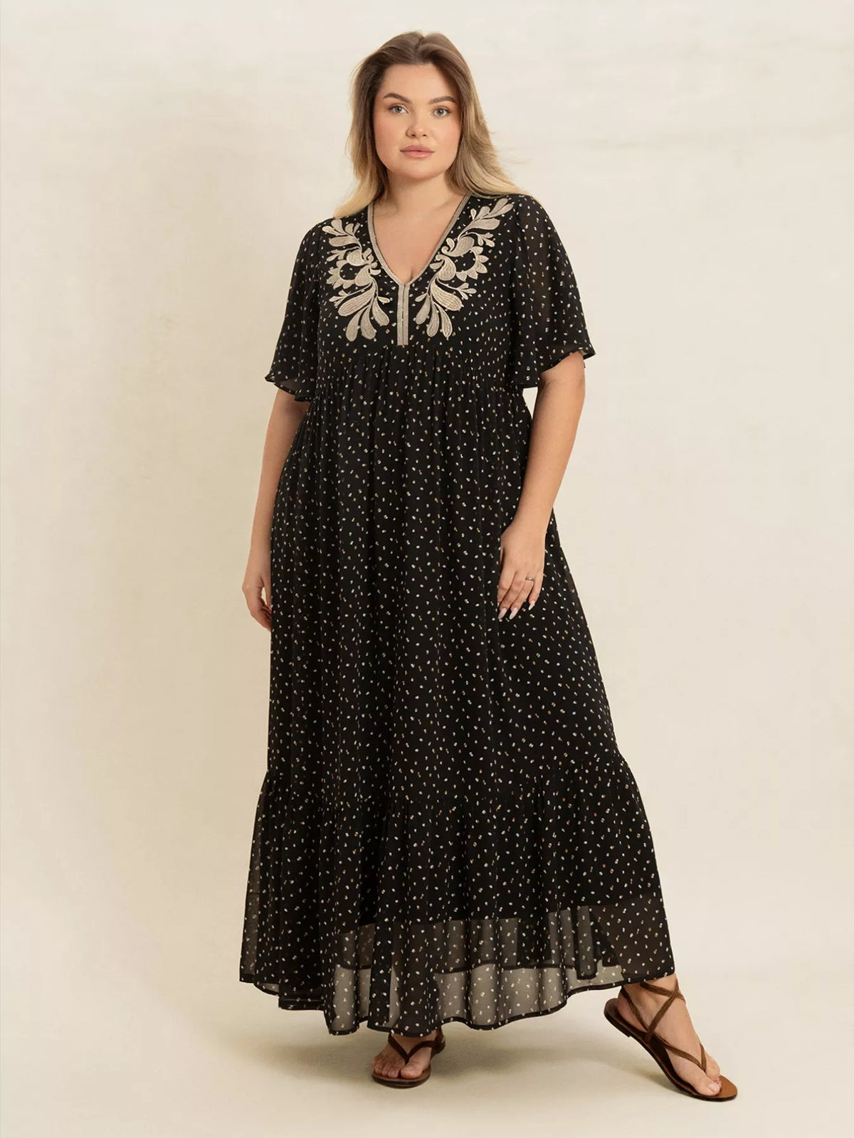 Printed V-Neck Flutter Sleeve Maxi Dress - alternate view 6