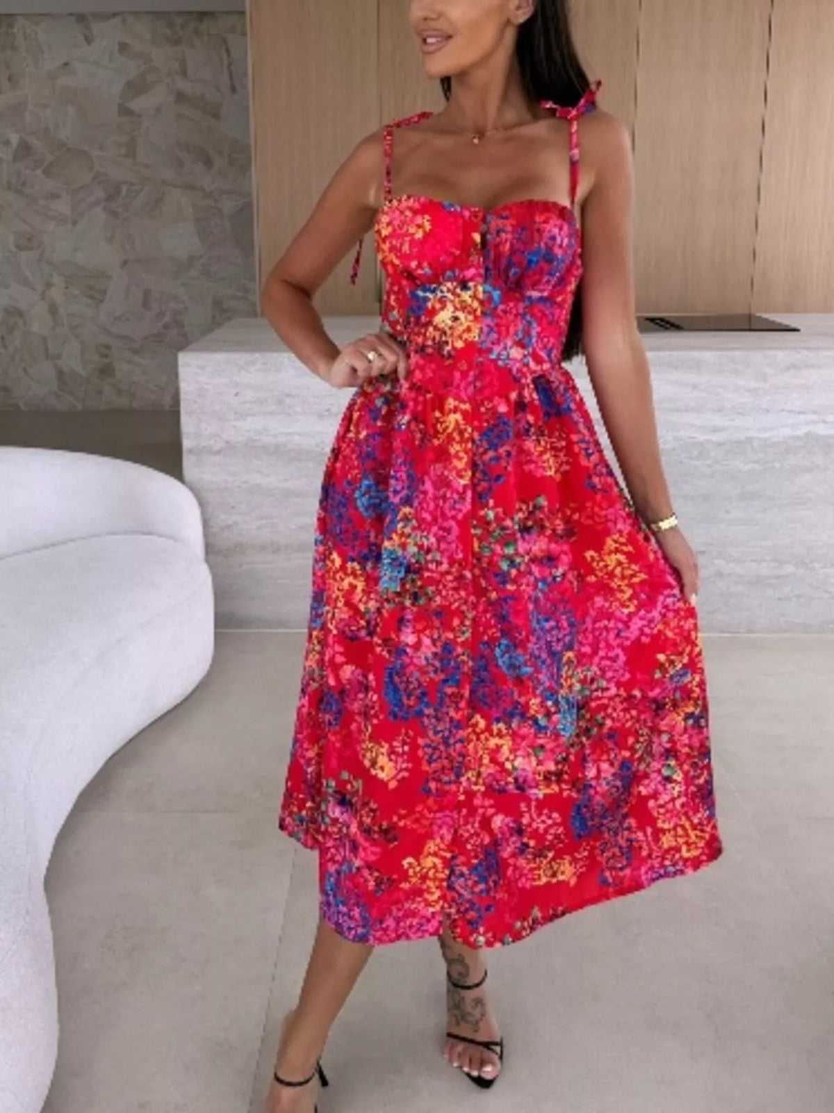 Printed Tie-Strap Midi Dress - alternate view 7