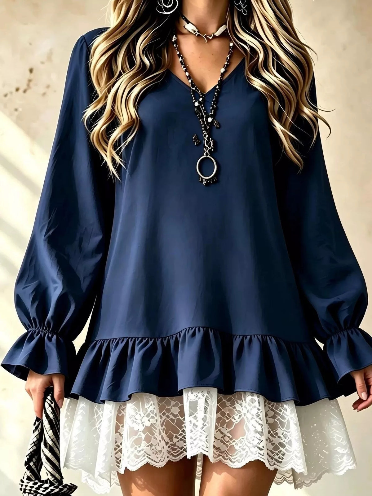 V-Neck Long Sleeve Ruffle Hem Lace Trim Mini Dress - alternate view 3