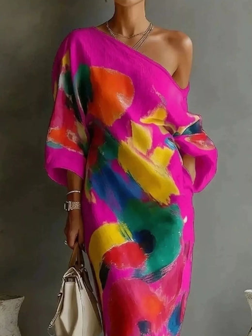 Full Size One-Shoulder Abstract Print Loose Fit Maxi Dress Plus Size - alternate view 4