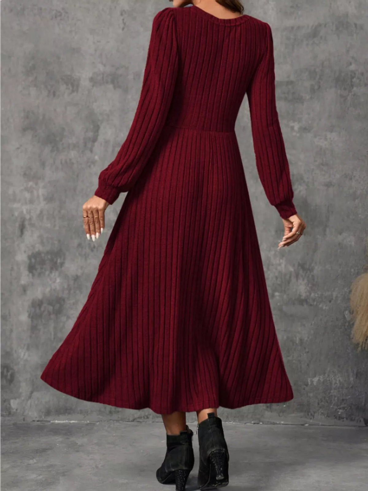 Ribbed Knit Long Sleeve A-Line Midi Dress - alternate view 13
