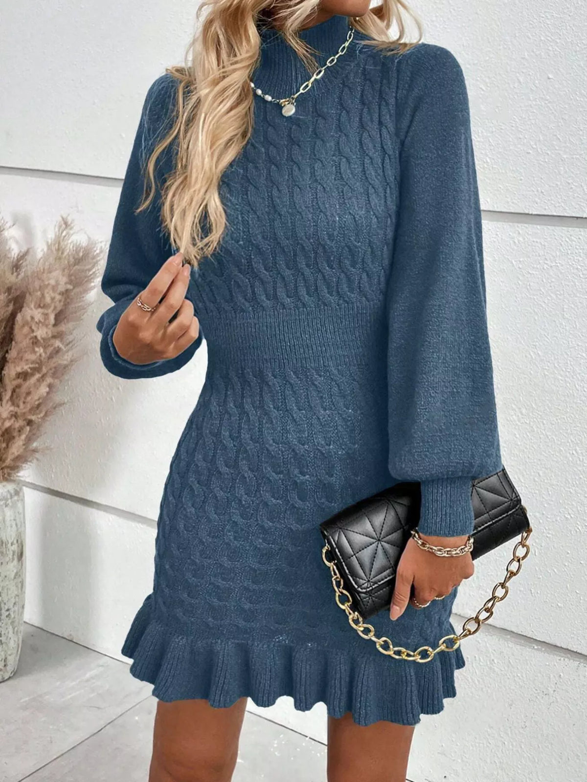Cable Knit Mock Neck Ruffle Hem Sweater Dress - alternate view 2