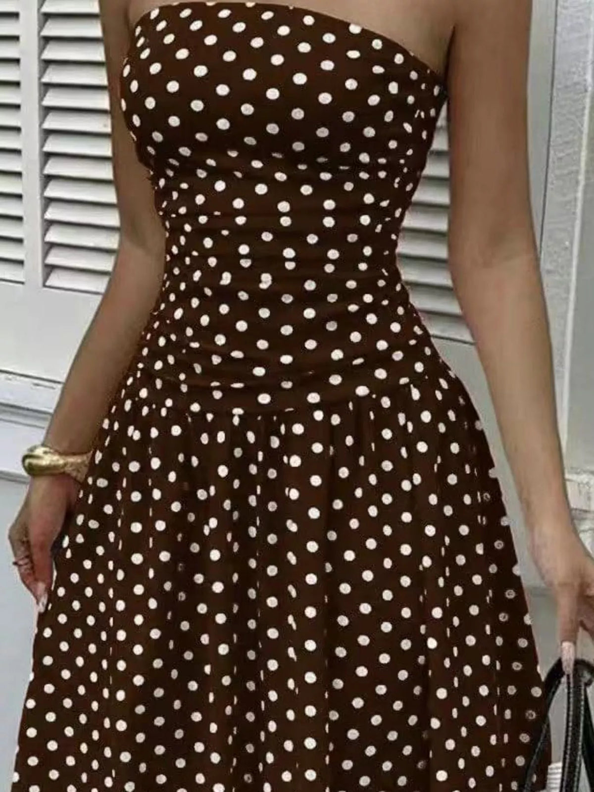 Strapless Polka Dot Ruched Maxi Dress - alternate view 26