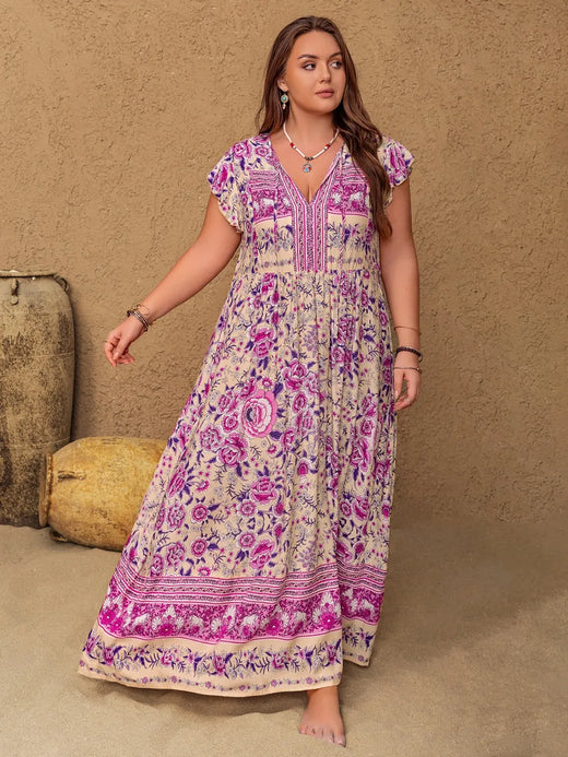 Printed V-Neck Cap Sleeve Maxi Dress - alternate view 3