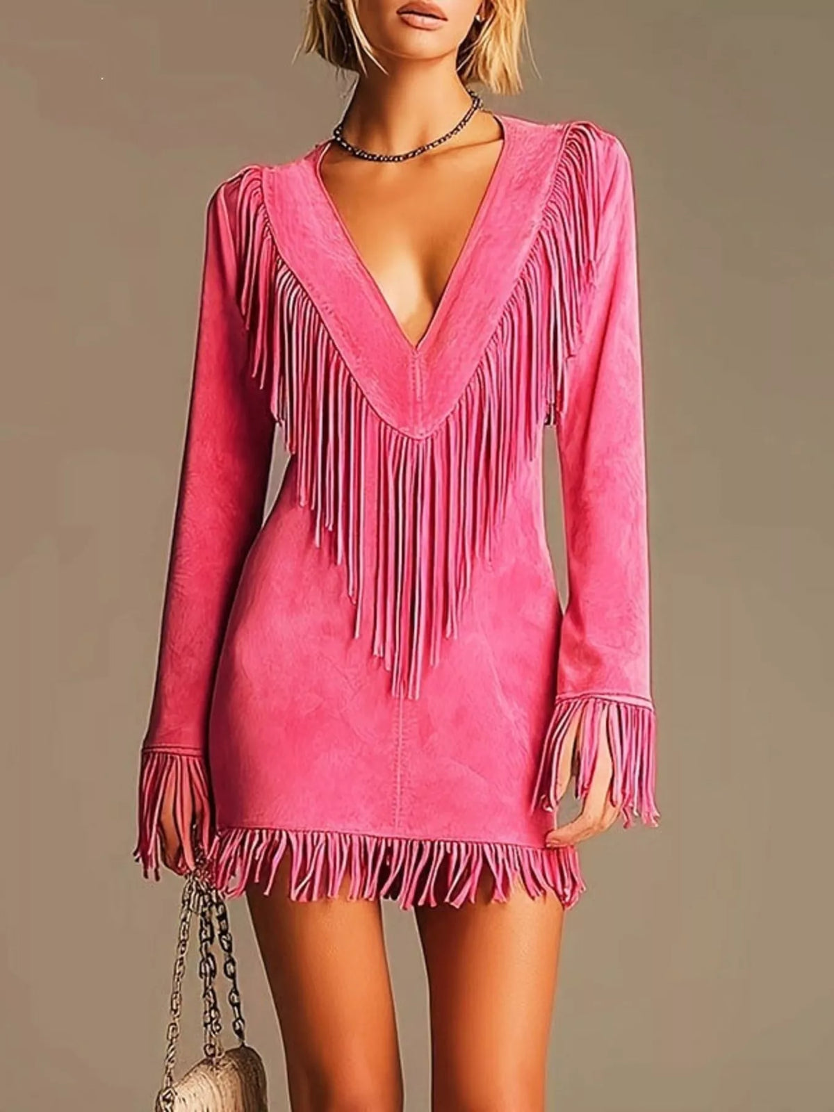 Boho Chic Fringed Suede V-Neck Mini Dress - alternate view 3