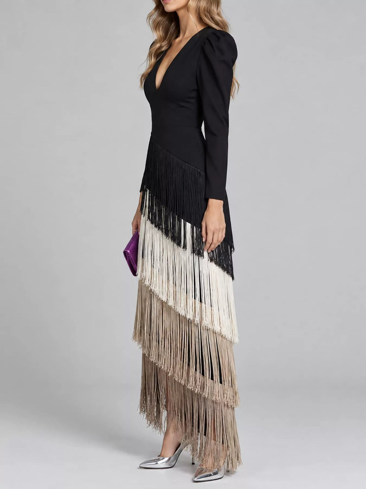 Fringed V-Neck Puff Sleeve Maxi Dress - alternate view 29