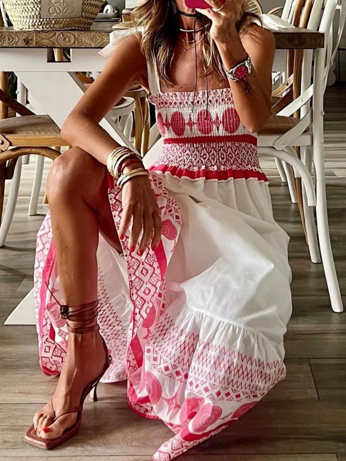 Smocked Printed Tie Shoulder Maxi Dress - alternate view 2
