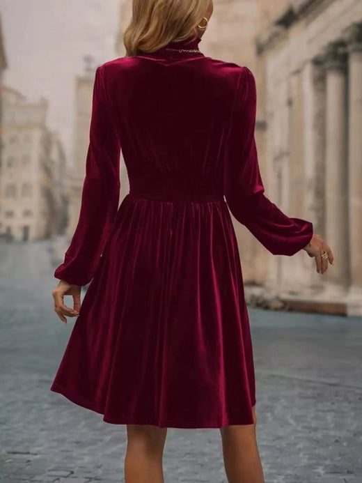 Velvet High Neck Long Sleeve A-Line Dress - alternate view 2