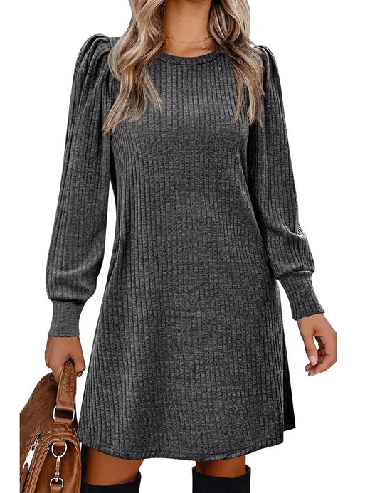 Puff Sleeve Ribbed Knit Dress with Pockets - alternate view 2