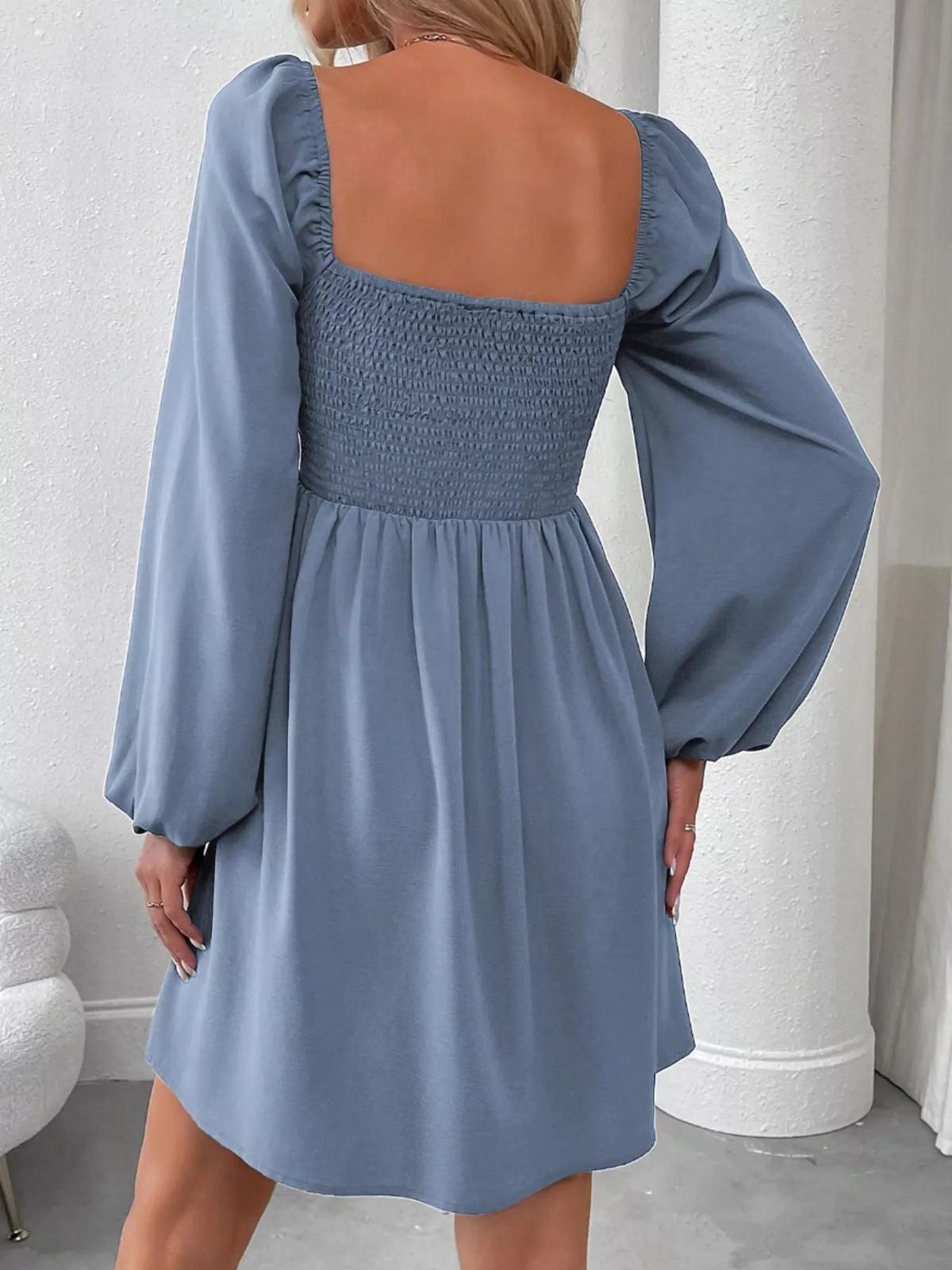 Ruched Square Neck Long Sleeve A-Line Dress - alternate view 15