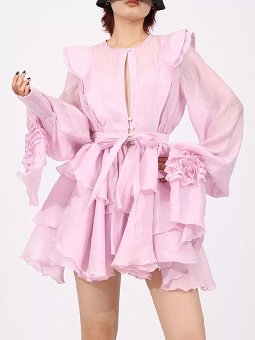 Ruffled Layered Long Sleeve Mini Dress - alternate view 3