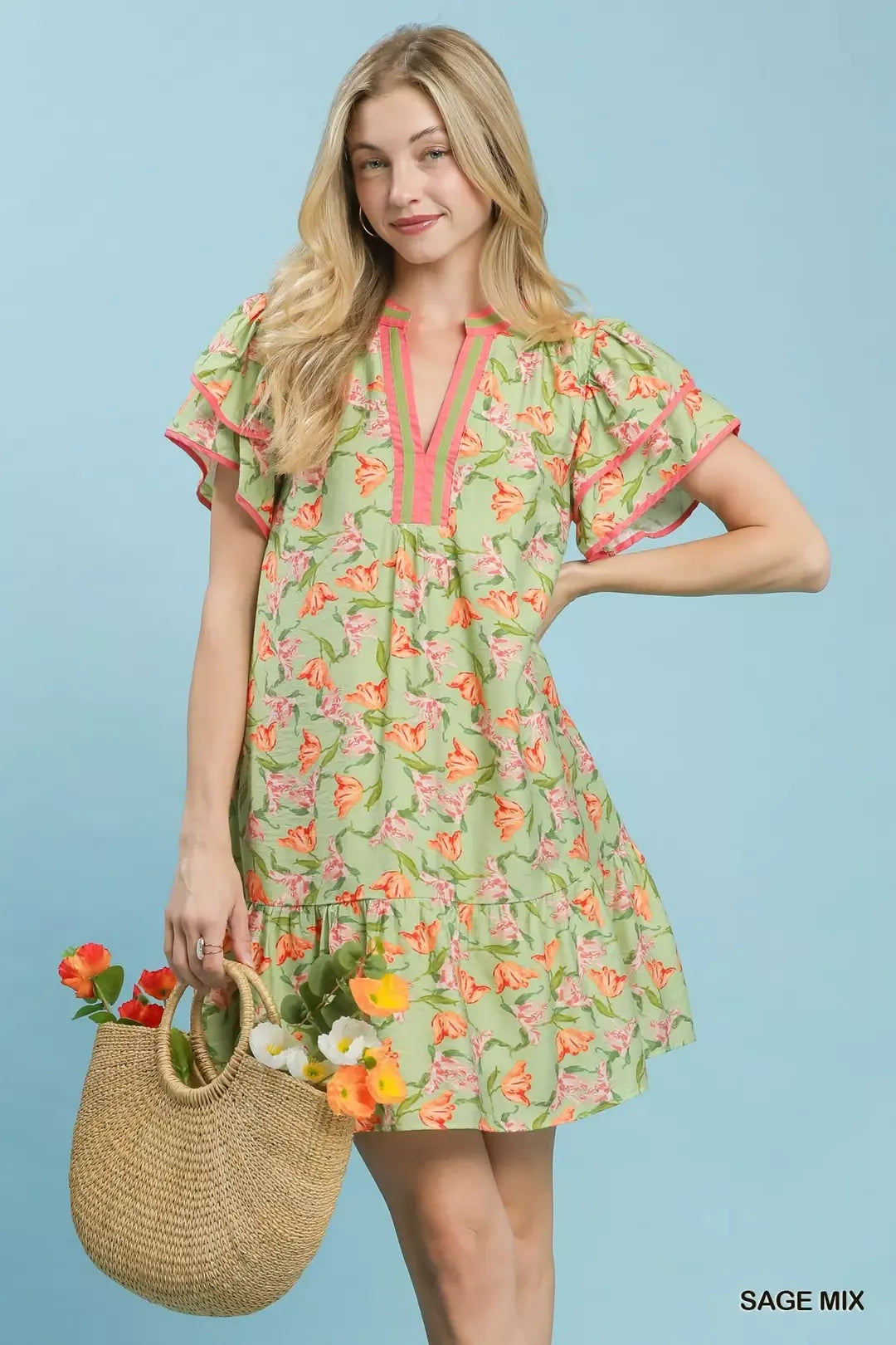 Floral Flutter Sleeve Tiered Dress