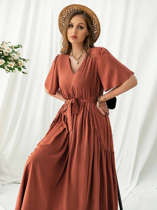 V-Neck Flutter Sleeve Midi Dress - alternate view 5