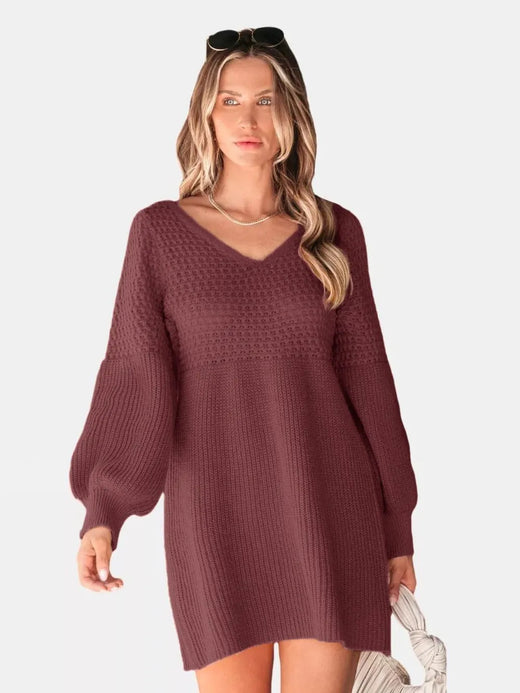 Perfee V-Neck Long Sleeve Sweater Dress - alternate view 4