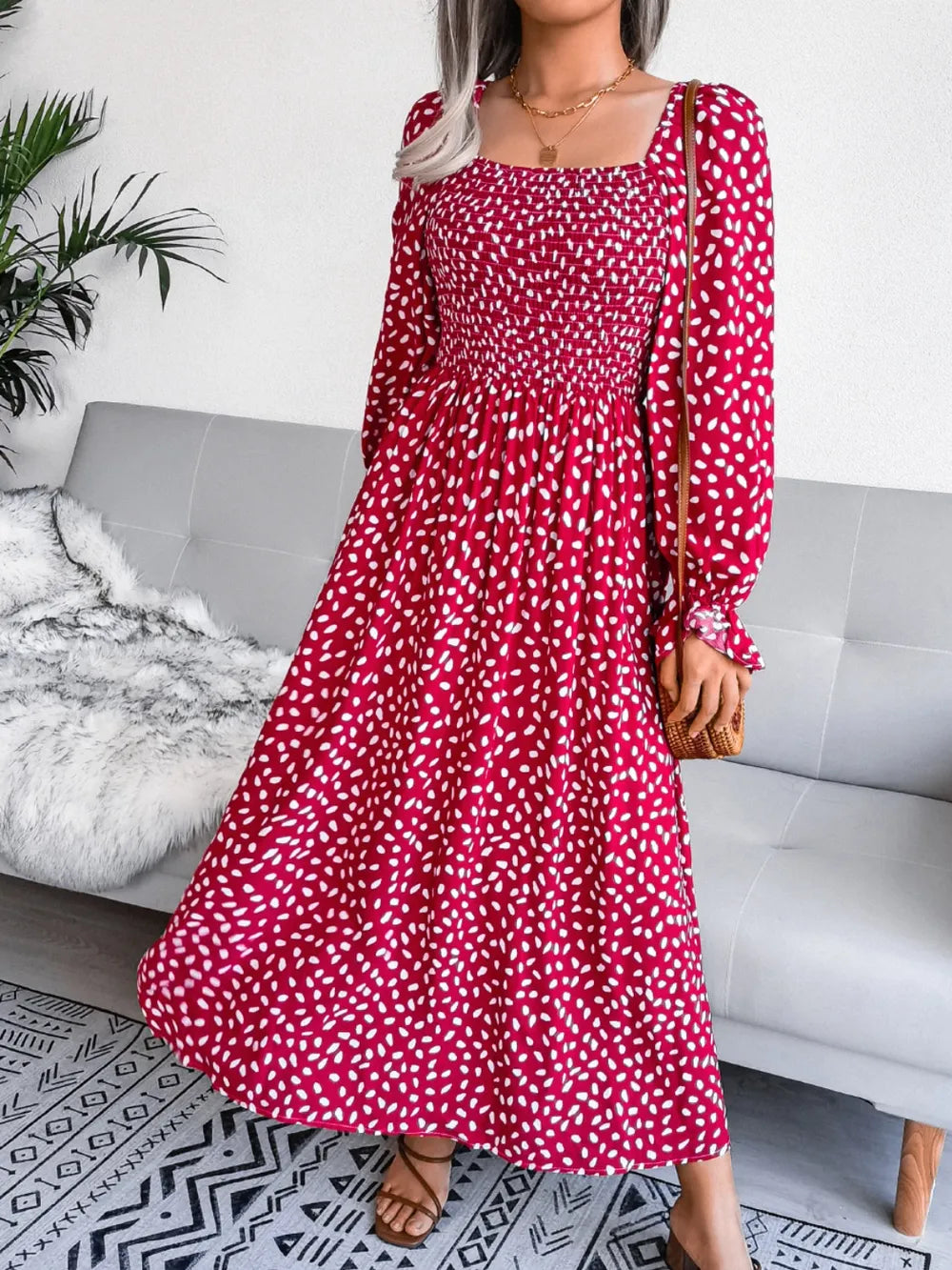 Smocked Square Neck Flounce Sleeve Dress - alternate view 10