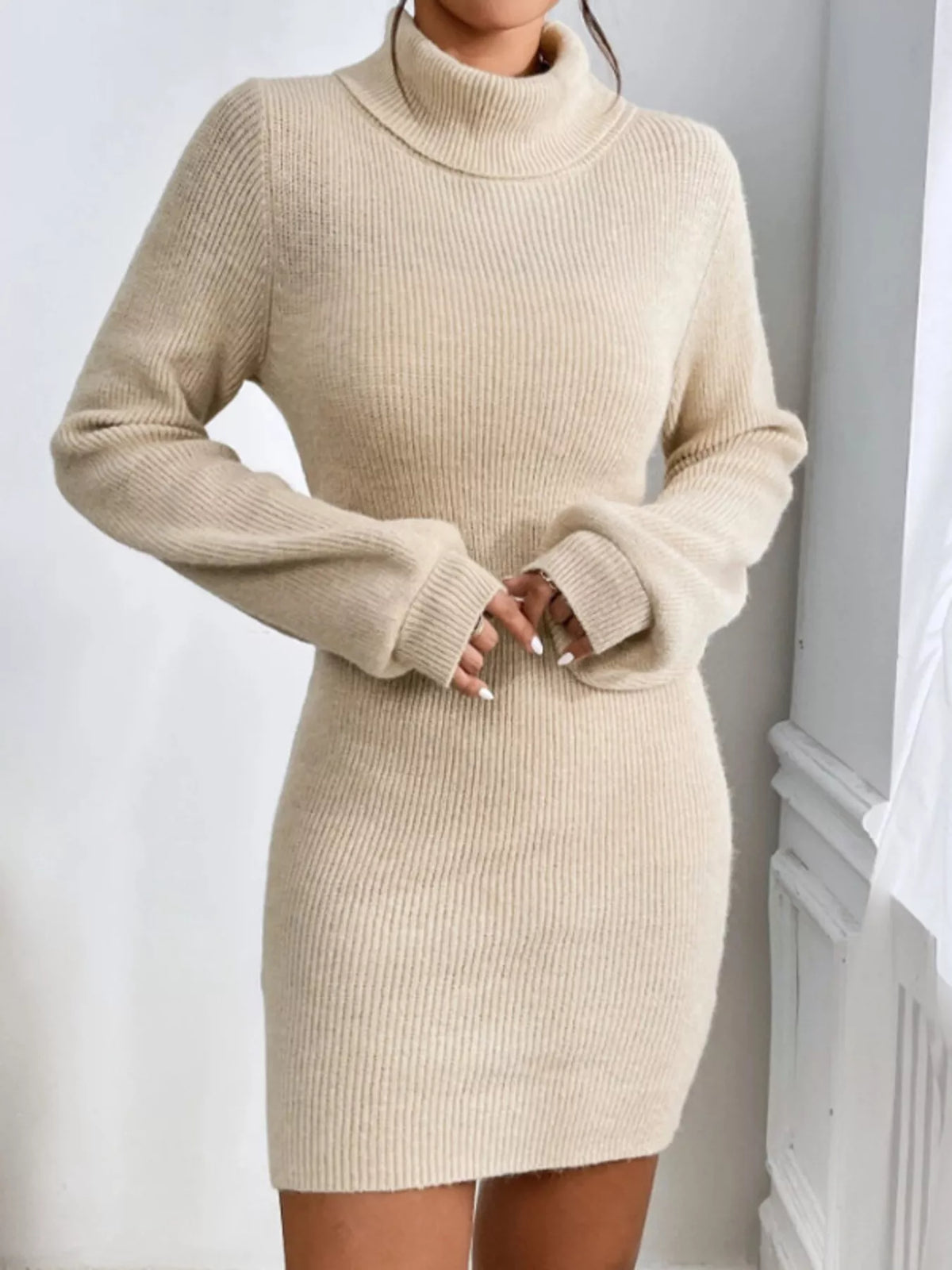 Turtleneck Ribbed Knit Sweater Dress - alternate view 4