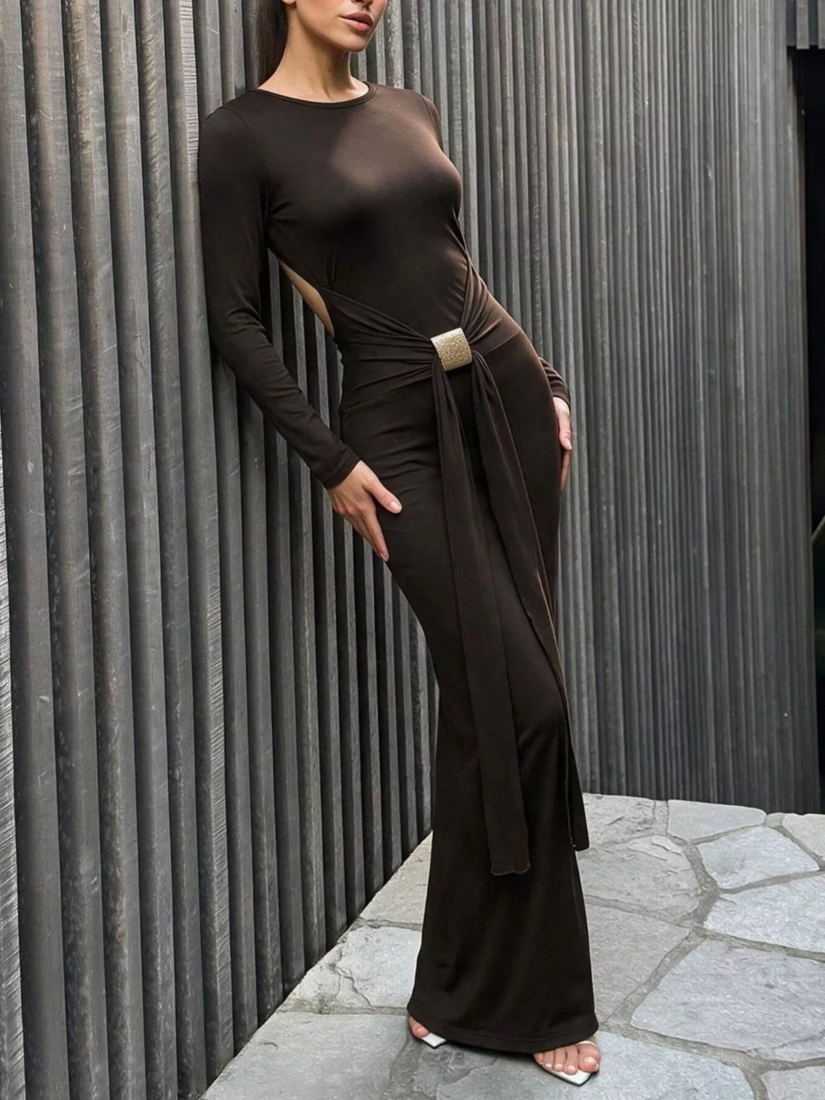 Backless Long-Sleeve Bodycon Maxi Dress with Gold-Tone Waist Buckle - alternate view 3