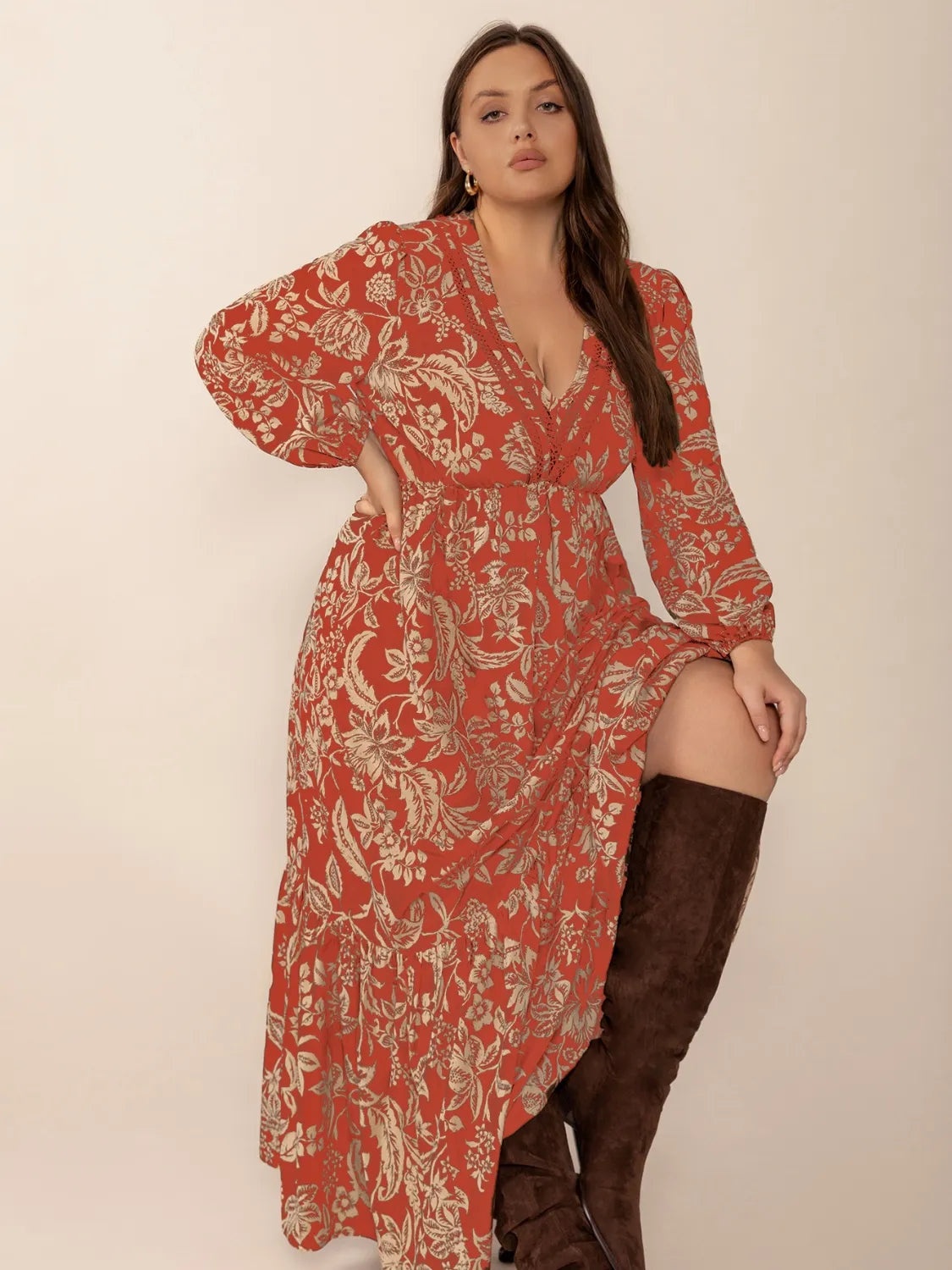 Lace Detail Printed Balloon Sleeve Midi Dress - alternate view 6