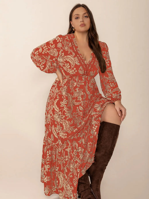 Lace Detail Printed Balloon Sleeve Midi Dress - alternate view 6