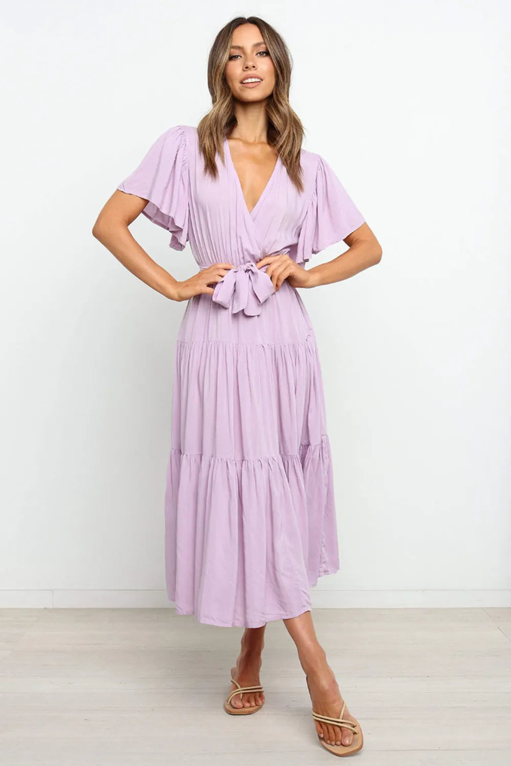 Tied Back Tiered Short Sleeve Midi Dress - alternate view 2