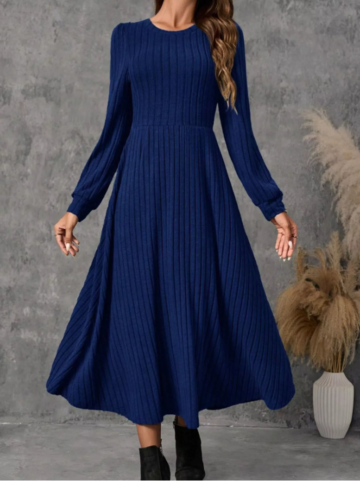 Ribbed Knit Long Sleeve A-Line Midi Dress - alternate view 16