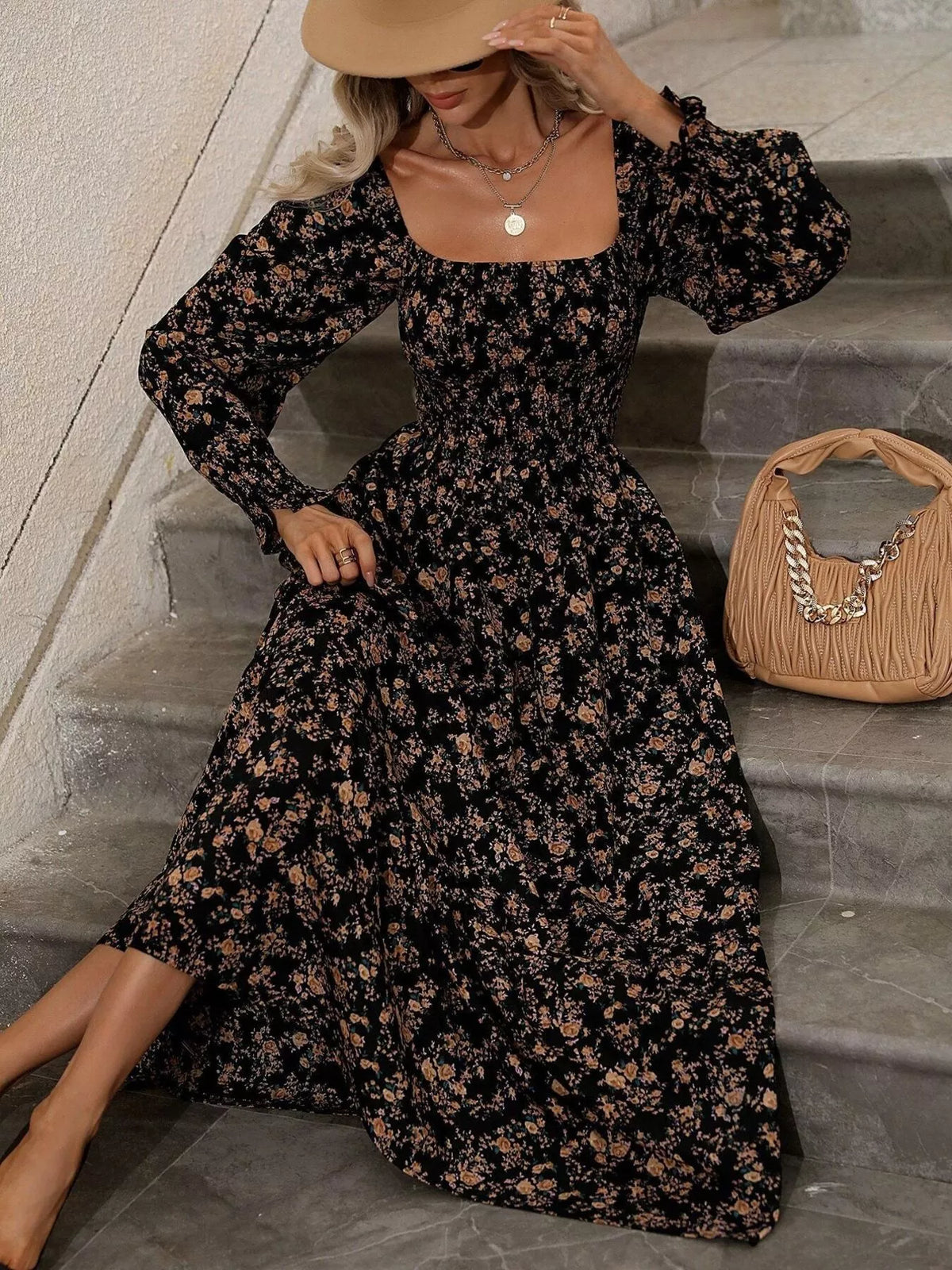 Floral Print Square Neck Smocked Midi Dress - alternate view 7