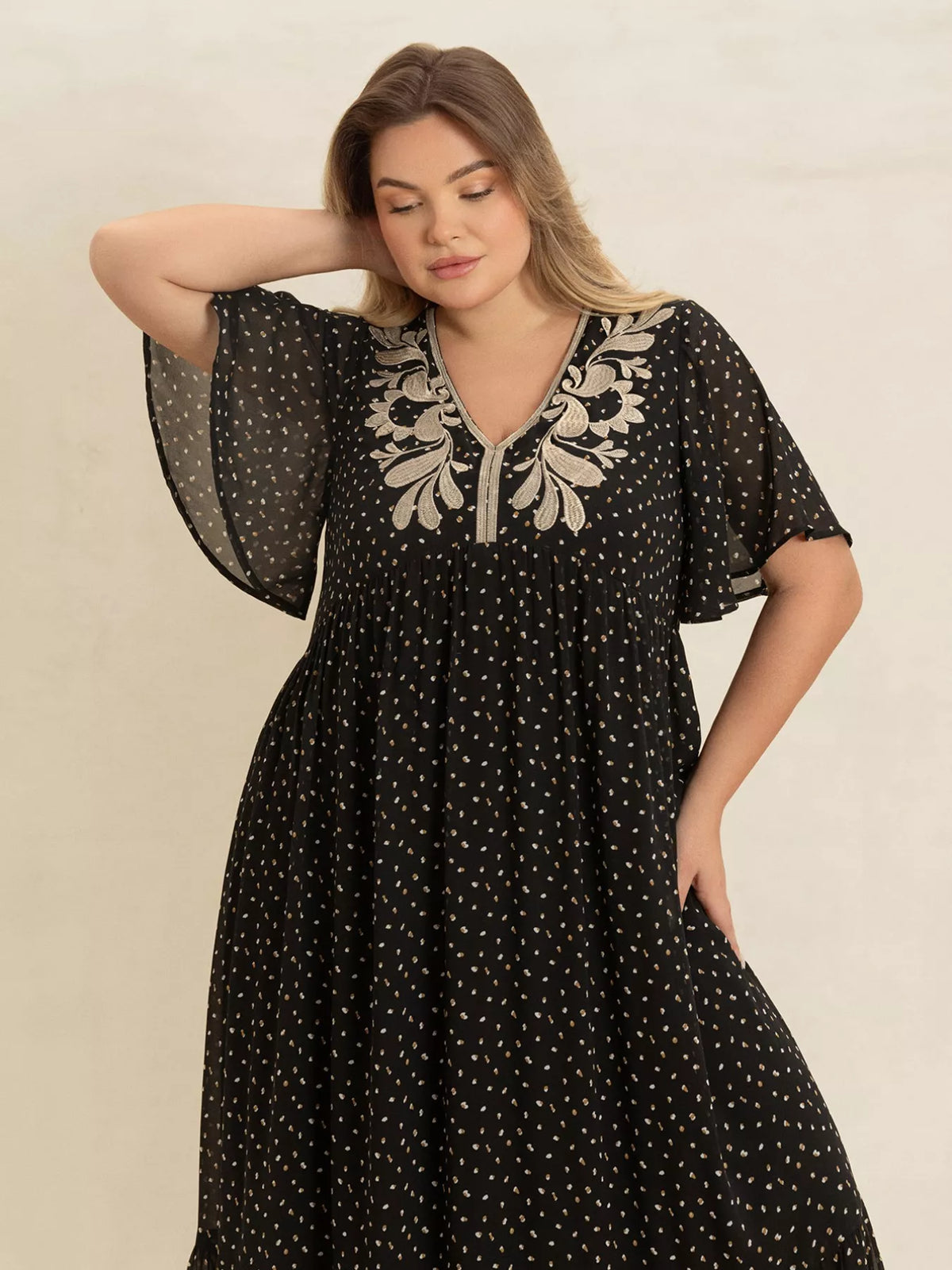 Printed V-Neck Flutter Sleeve Maxi Dress - alternate view 4