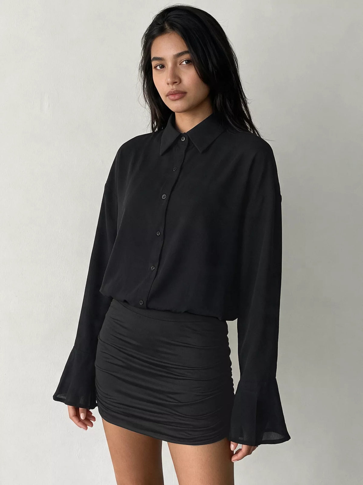Button Front Flounce Sleeve Bodycon Shirt Dress - alternate view 2