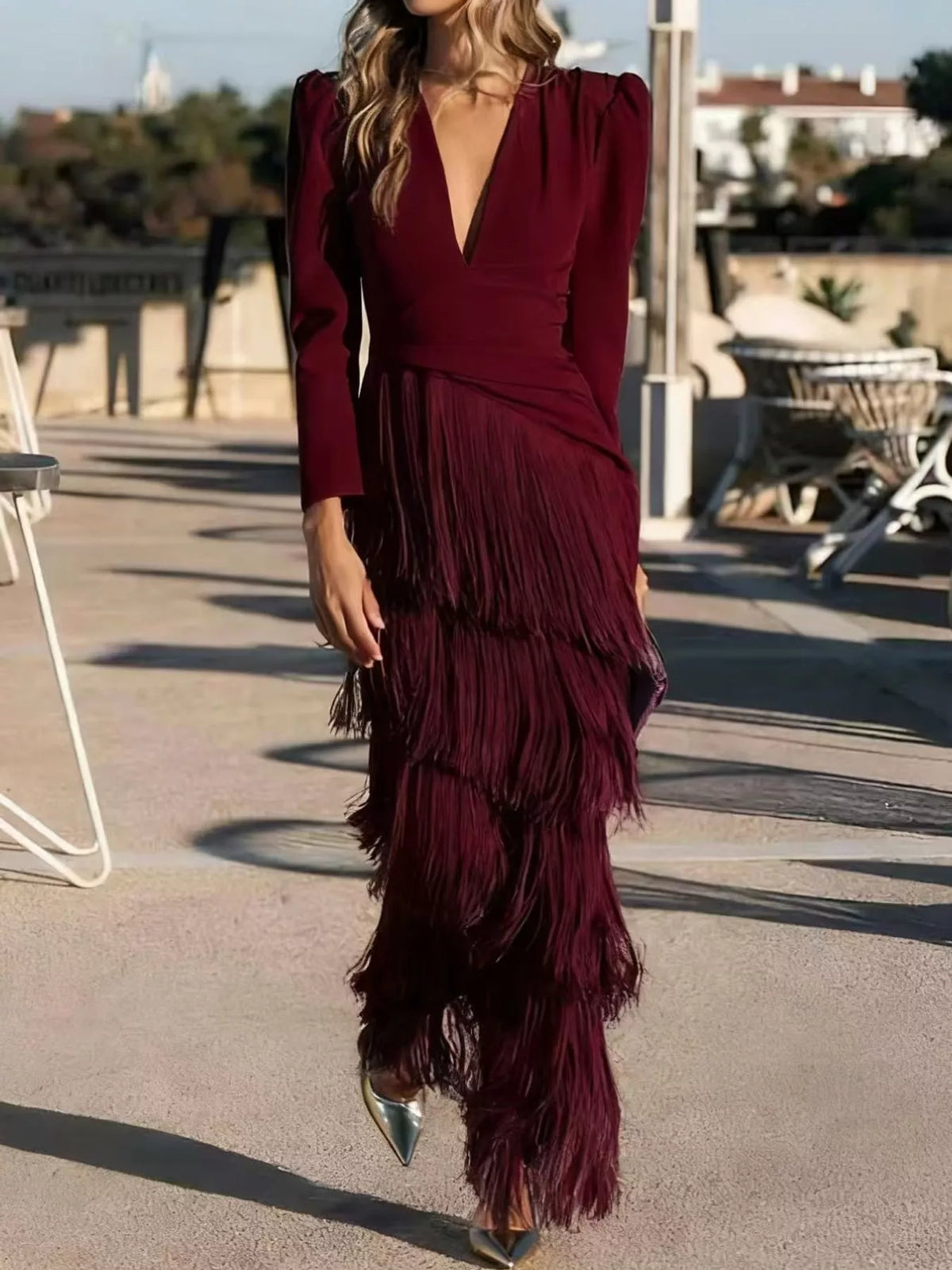Fringed V-Neck Puff Sleeve Maxi Dress - alternate view 20