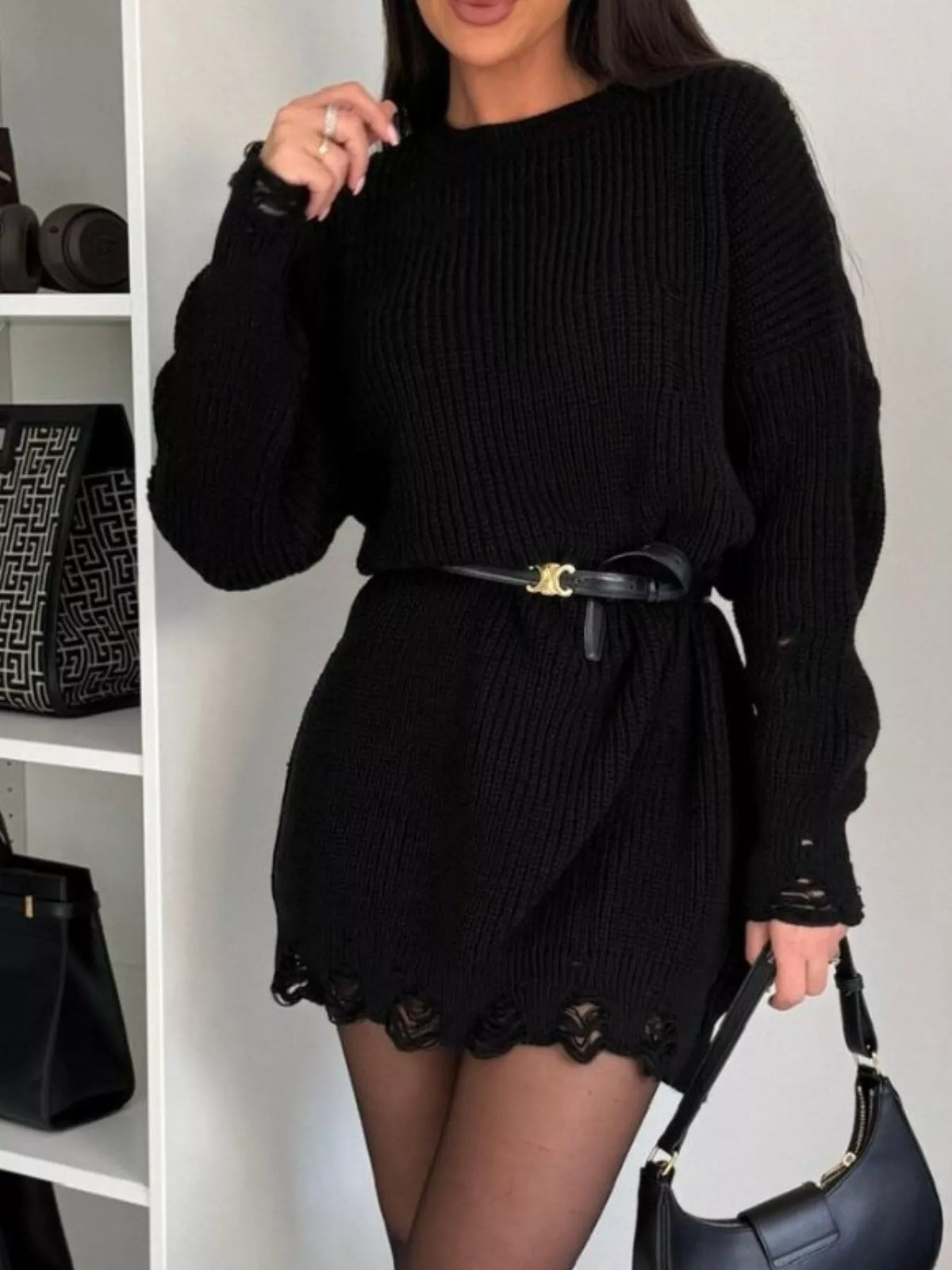 Distressed Round Neck Drop Shoulder Sweater Dress - alternate view 3