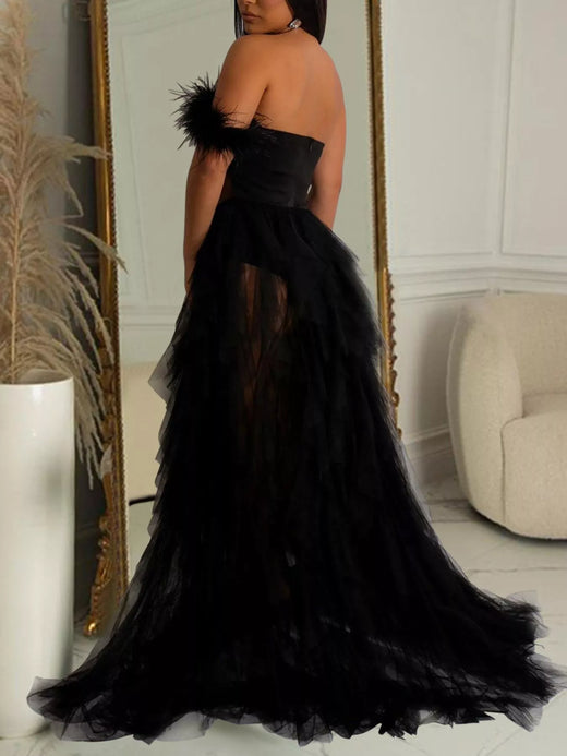 Feathered Corset Tulle Evening Dress - alternate view 6