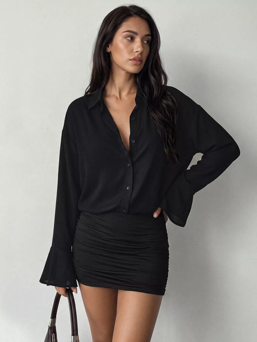 Button Front Flounce Sleeve Bodycon Shirt Dress
