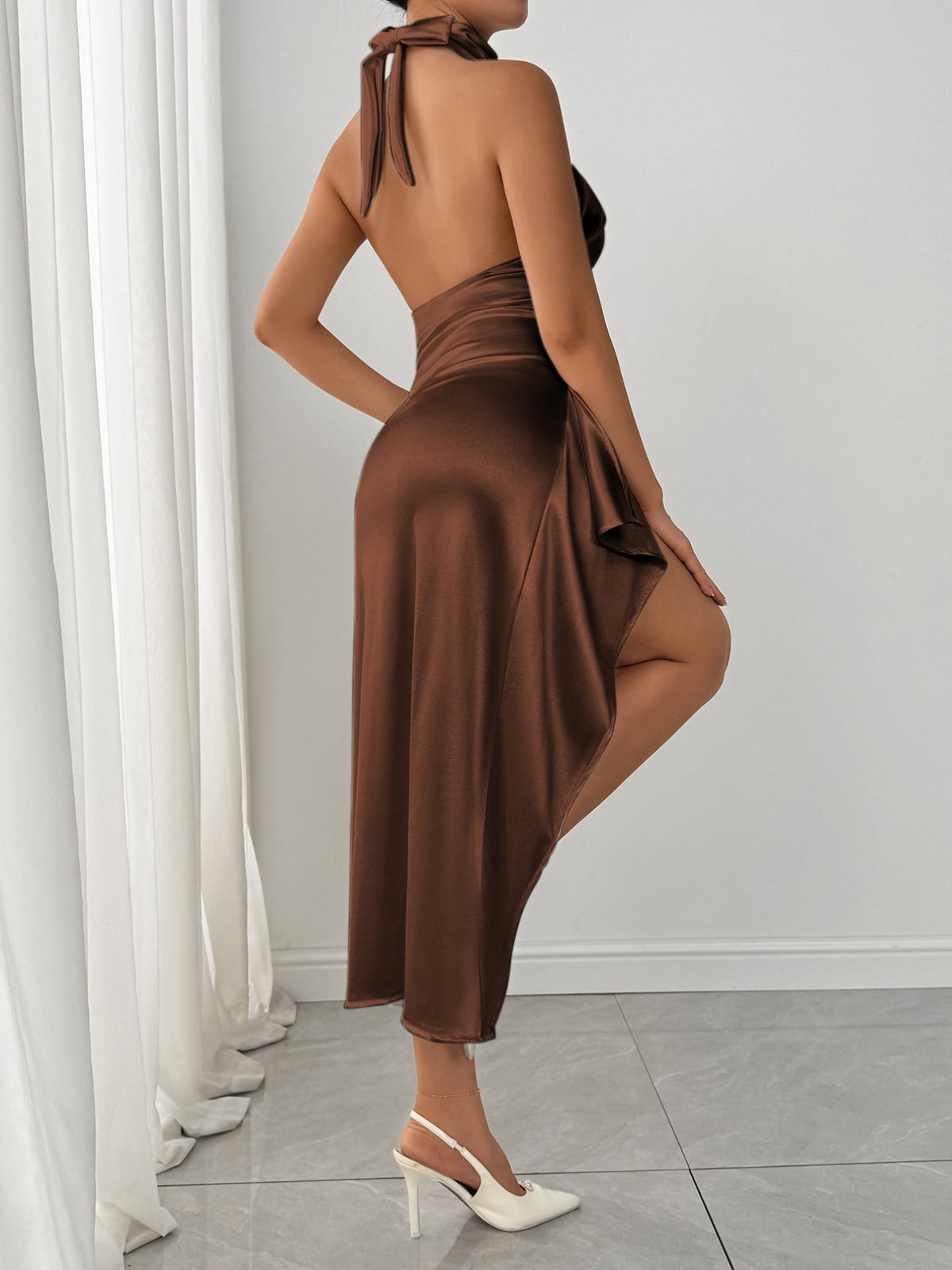 Halter Neck High Slit Satin Dress - alternate view 20