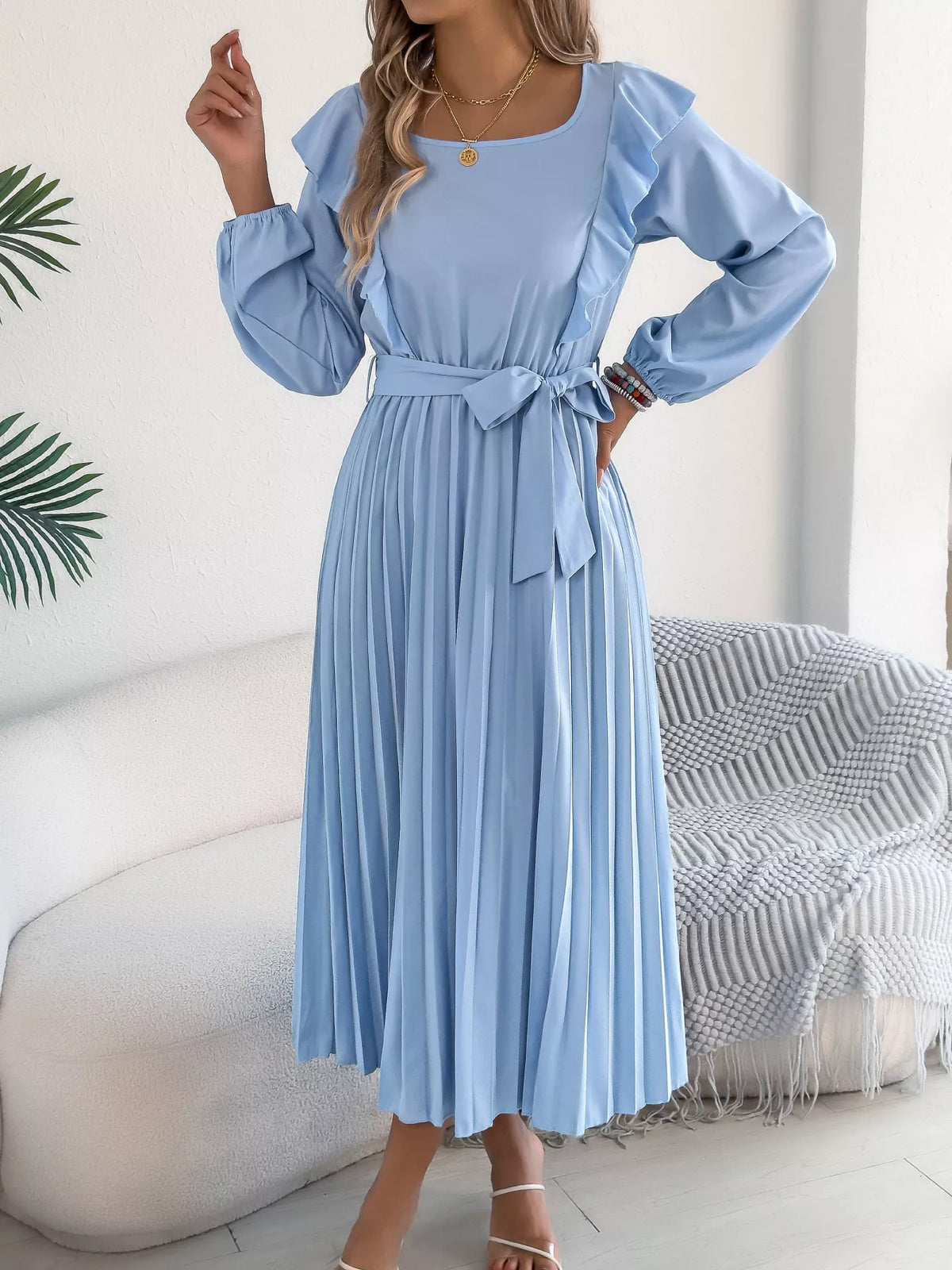 Ruffled Pleated Midi Dress with Waist Tie - alternate view 3