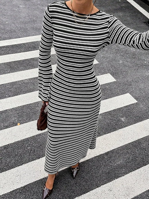 Backless Striped Ribbed Knit Maxi Dress with Flared Sleeves - alternate view 3