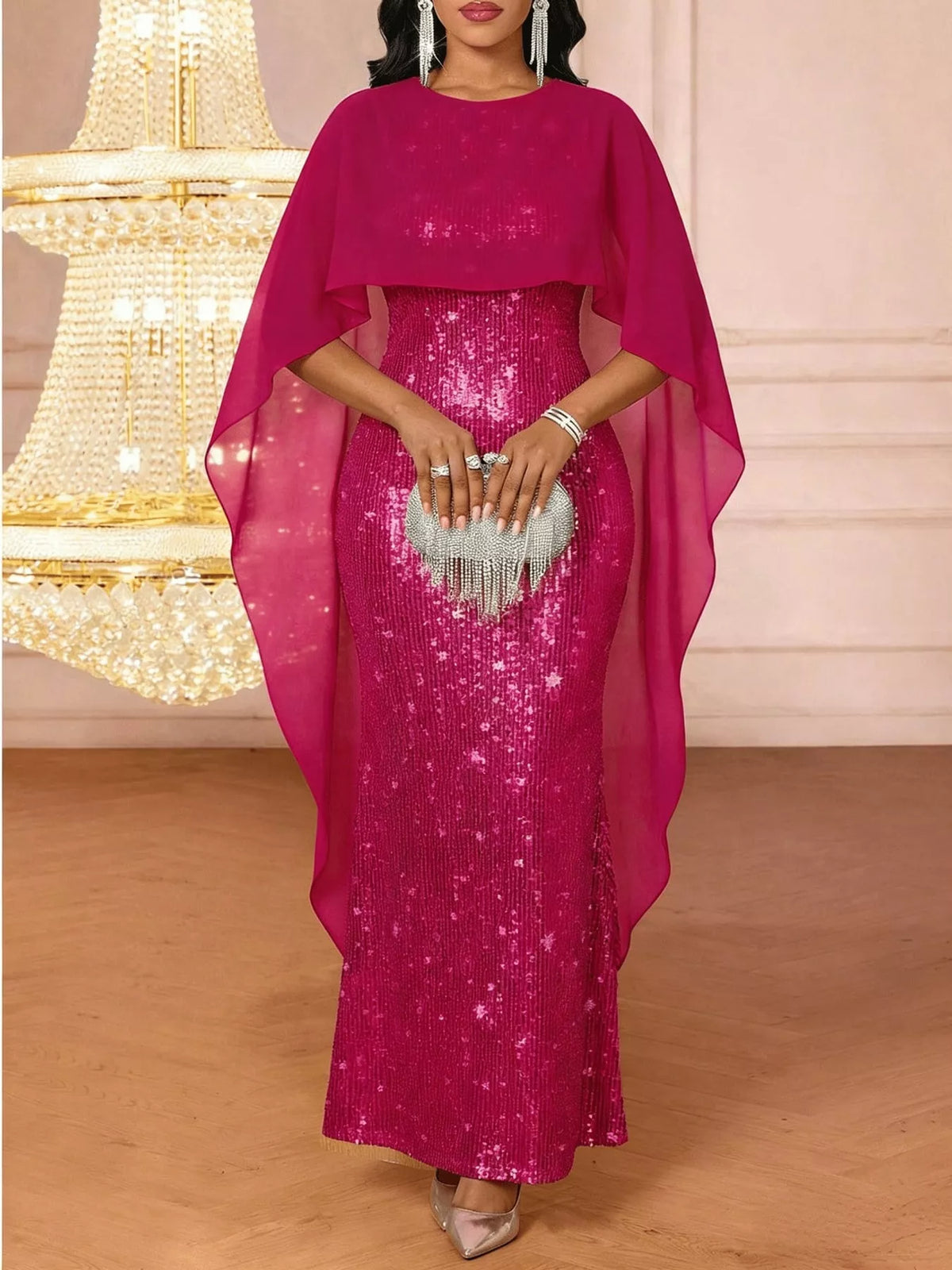 Sequin Cape Overlay Evening Dress - alternate view 26