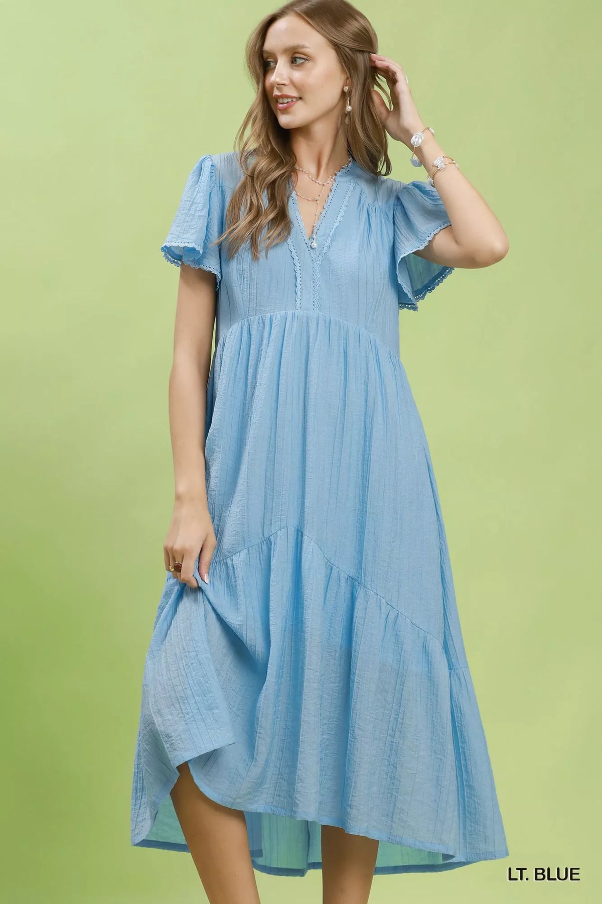 Textured Tiered Midi Dress with Side Pockets