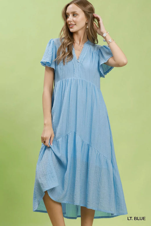 Textured Tiered Midi Dress with Side Pockets