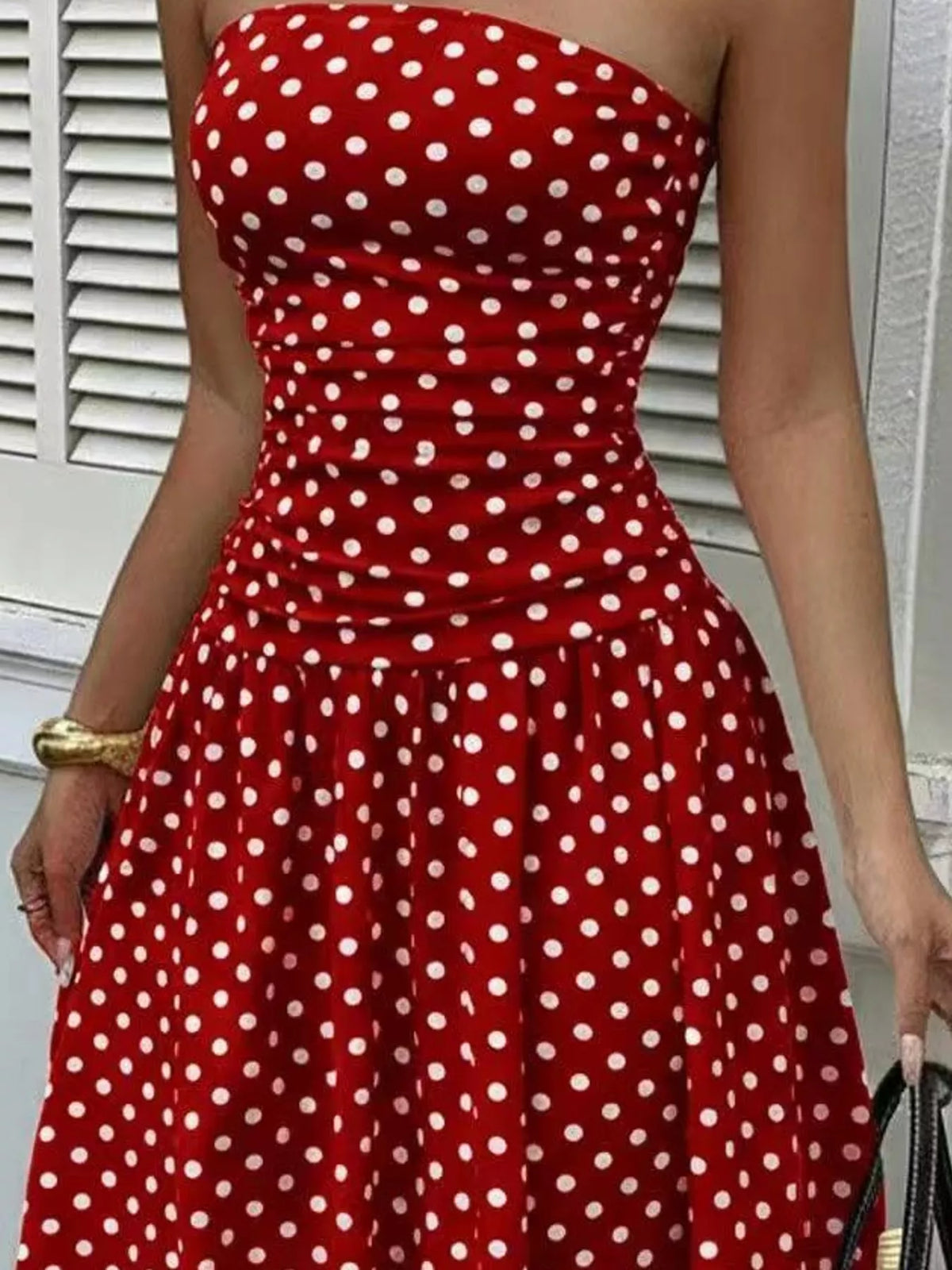 Strapless Polka Dot Ruched Maxi Dress - alternate view 19