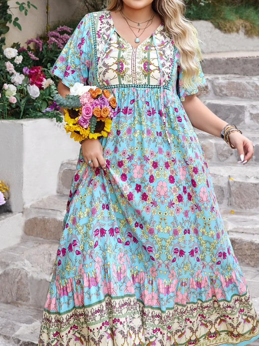 Printed Tie Neck Flutter Sleeve Maxi Dress - alternate view 5