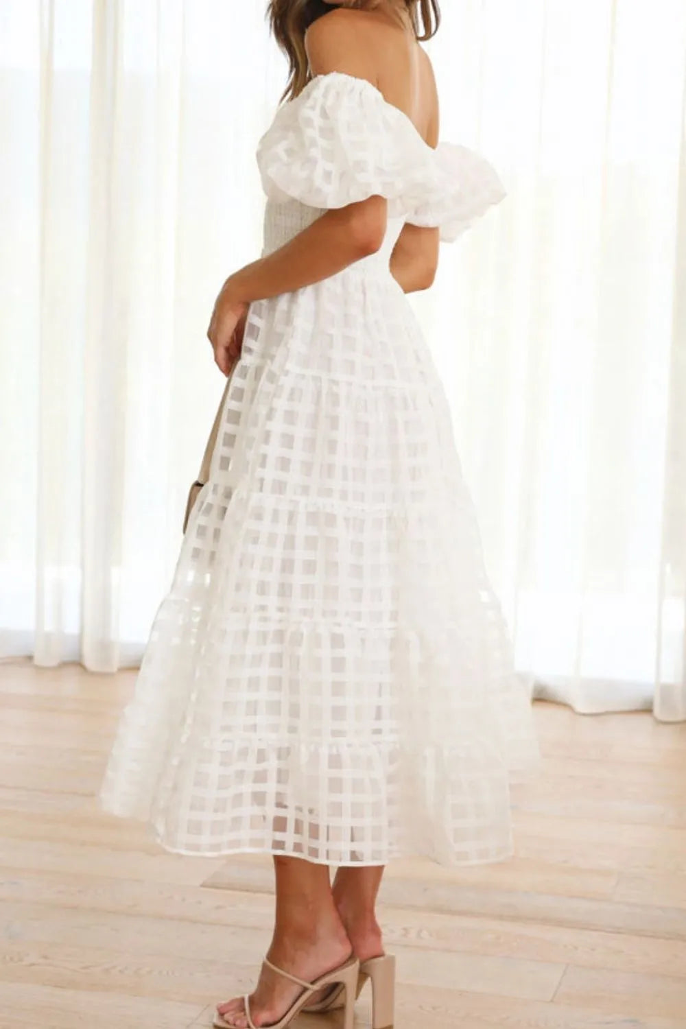 Off Shoulder Short Puff Sleeve Midi Dress - alternate view 15