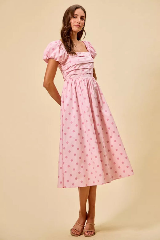 Polka Cotton Print Short Sleeves Midi Dress - alternate view 2