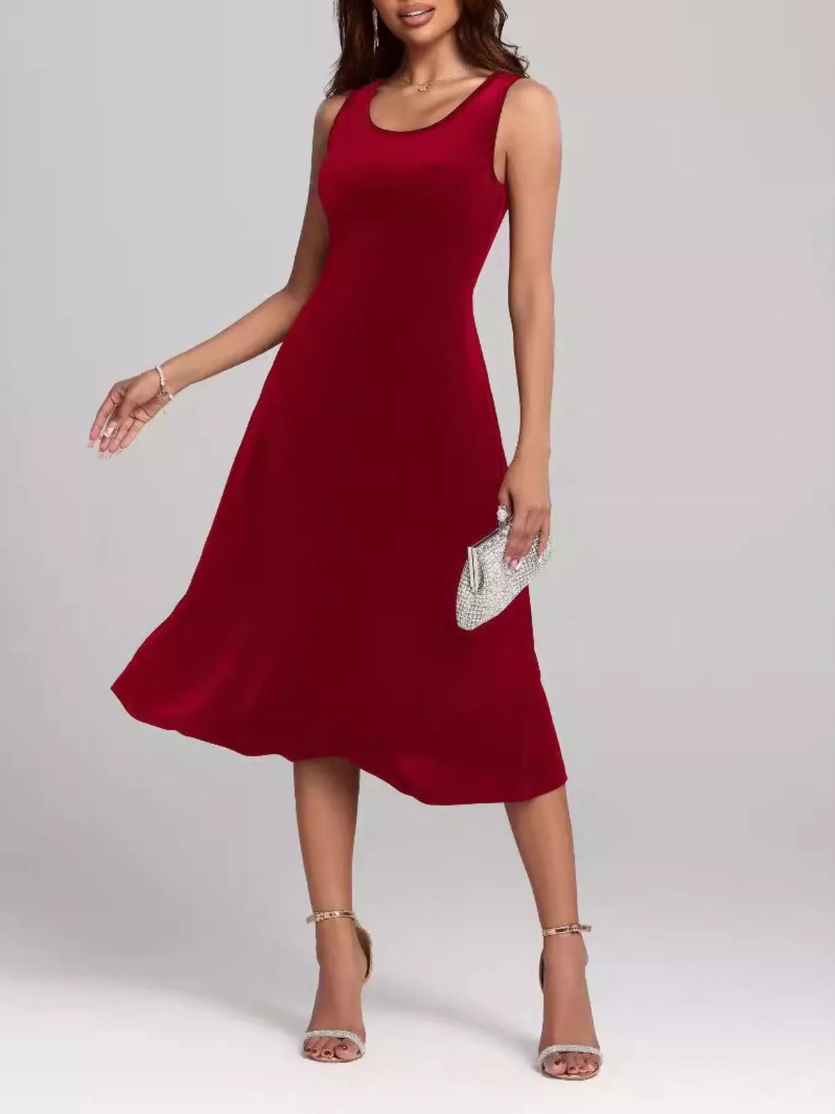 Round Neck Sleeveless Velvet A-Line Midi Dress - alternate view 6