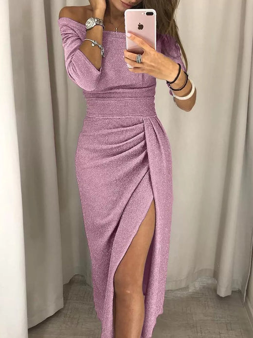 Full Size Off-Shoulder Ruched Slit Midi Dress Plus Size
