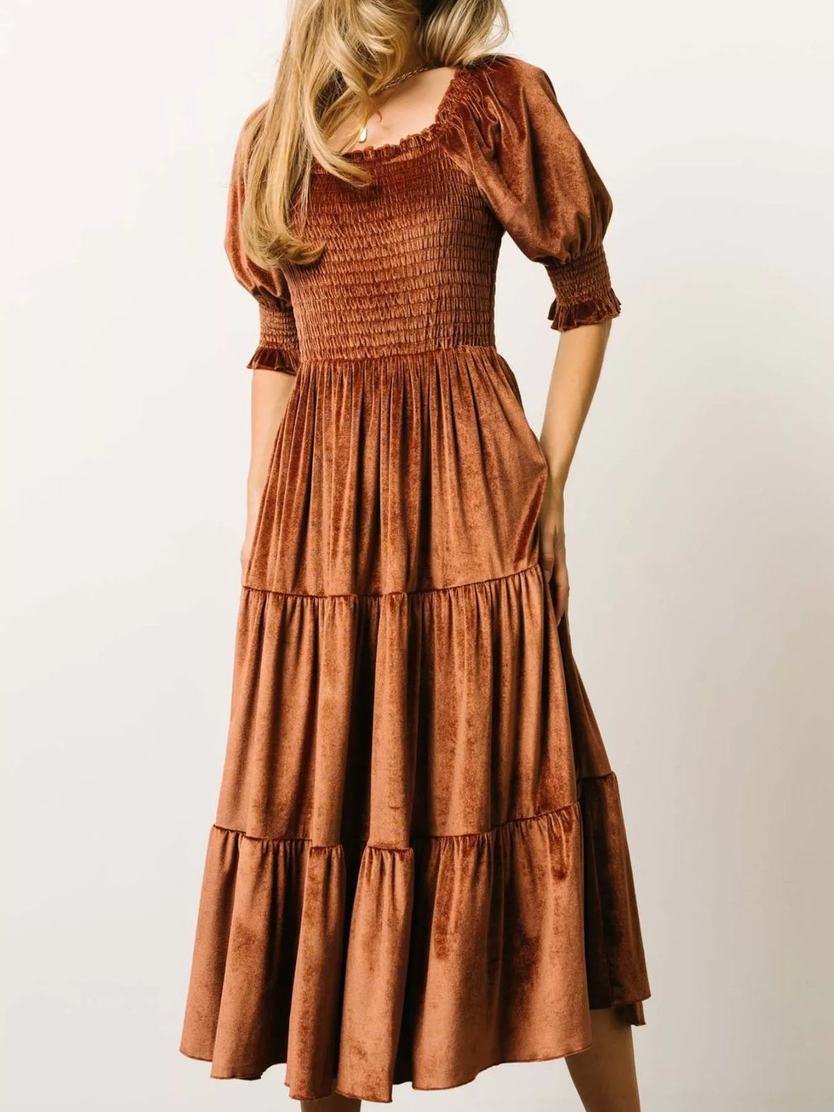 Velvet Smocked Tiered Midi Dress - alternate view 5