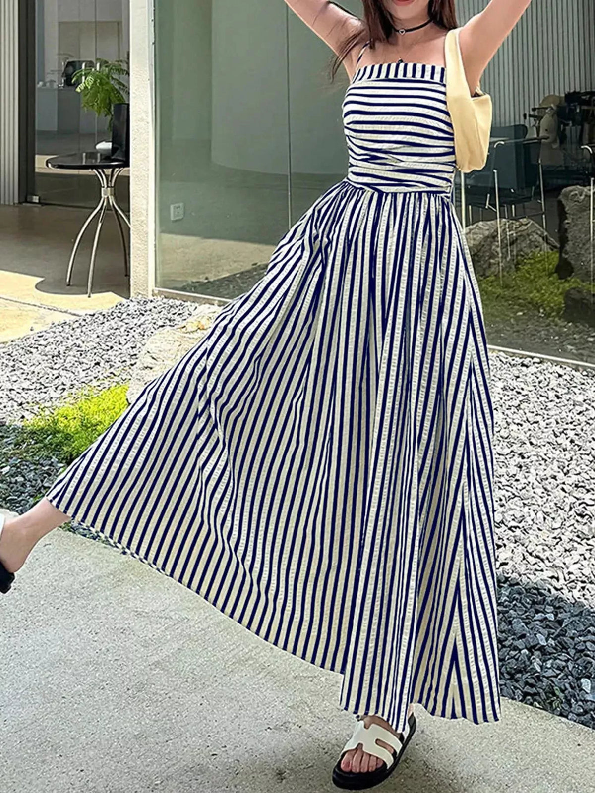 Striped Spaghetti Strap A-Line Maxi Dress - alternate view 5
