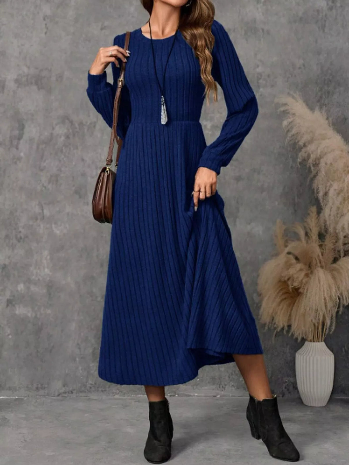 Ribbed Knit Long Sleeve A-Line Midi Dress - alternate view 18