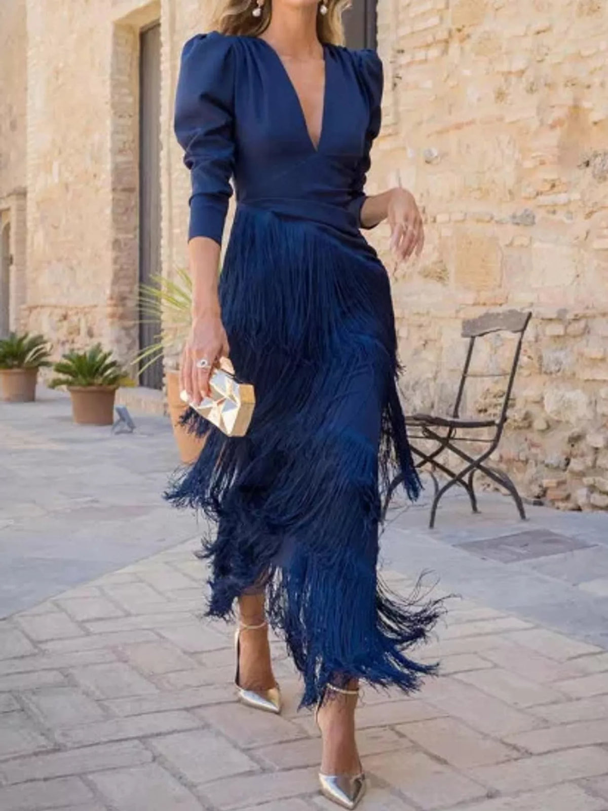 Fringed V-Neck Puff Sleeve Maxi Dress - alternate view 9