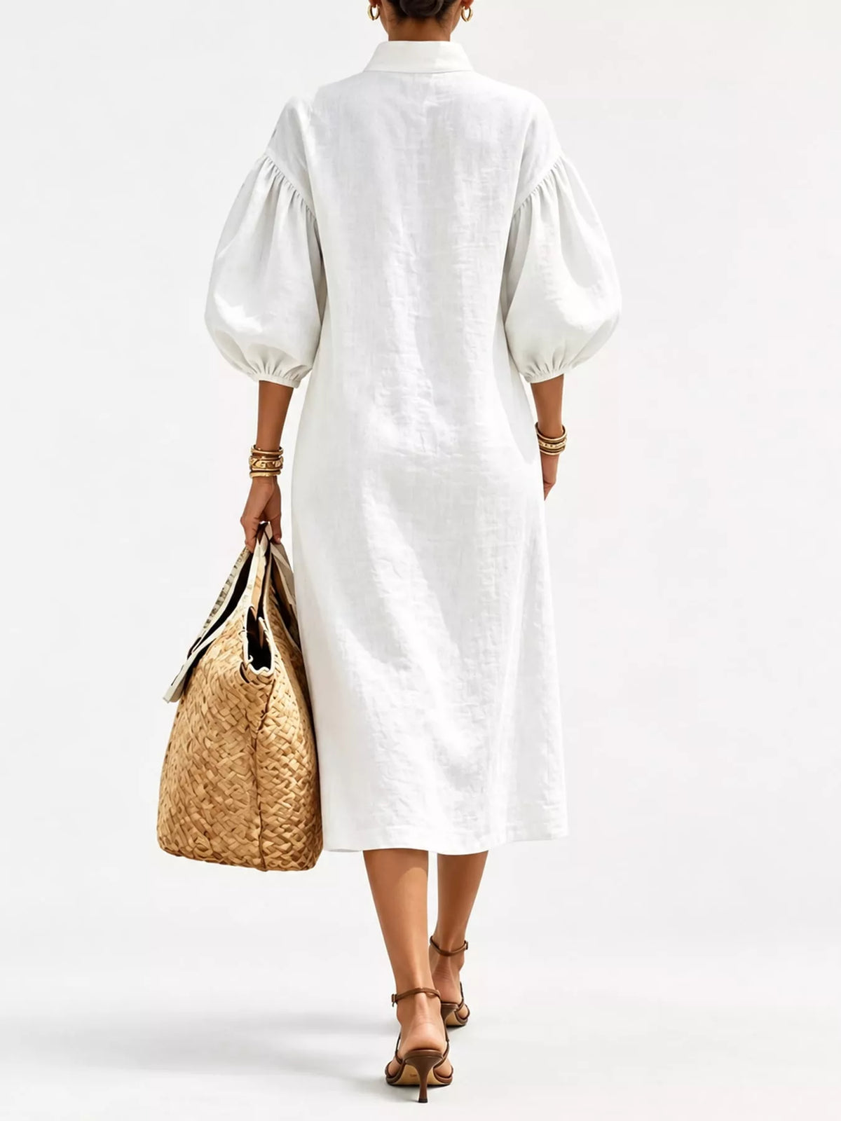 Half-Zip Puff Sleeve Midi Dress - alternate view 7
