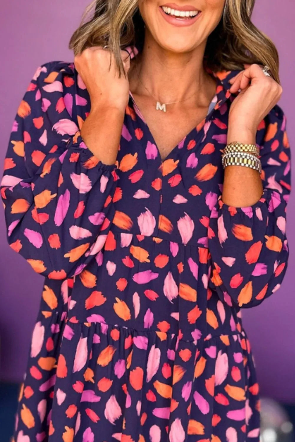 Printed Notched Long Sleeve Dress - alternate view 4